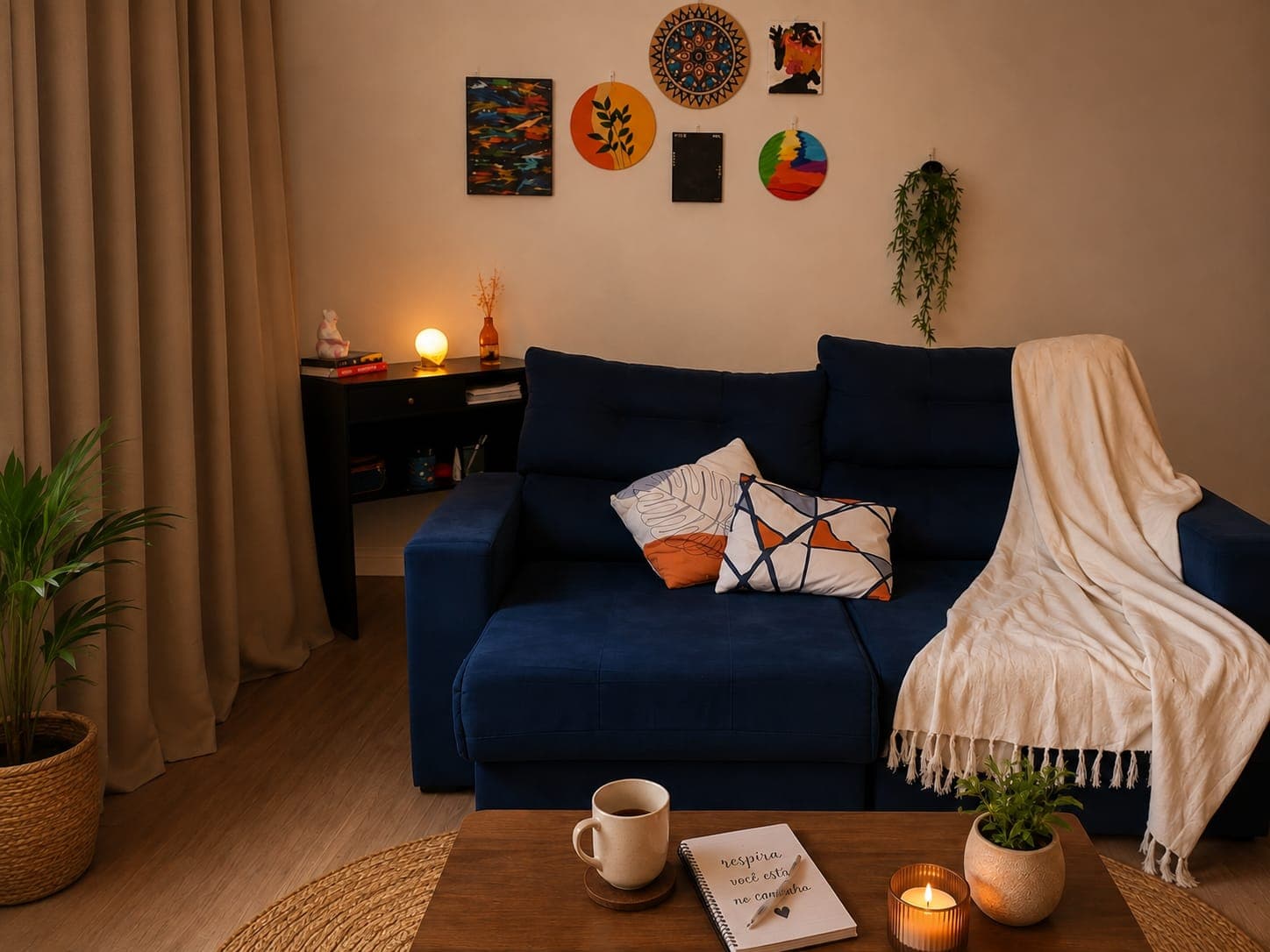 Sala de espera do consultório, com sofá, poltrona e ambiente aconchegante